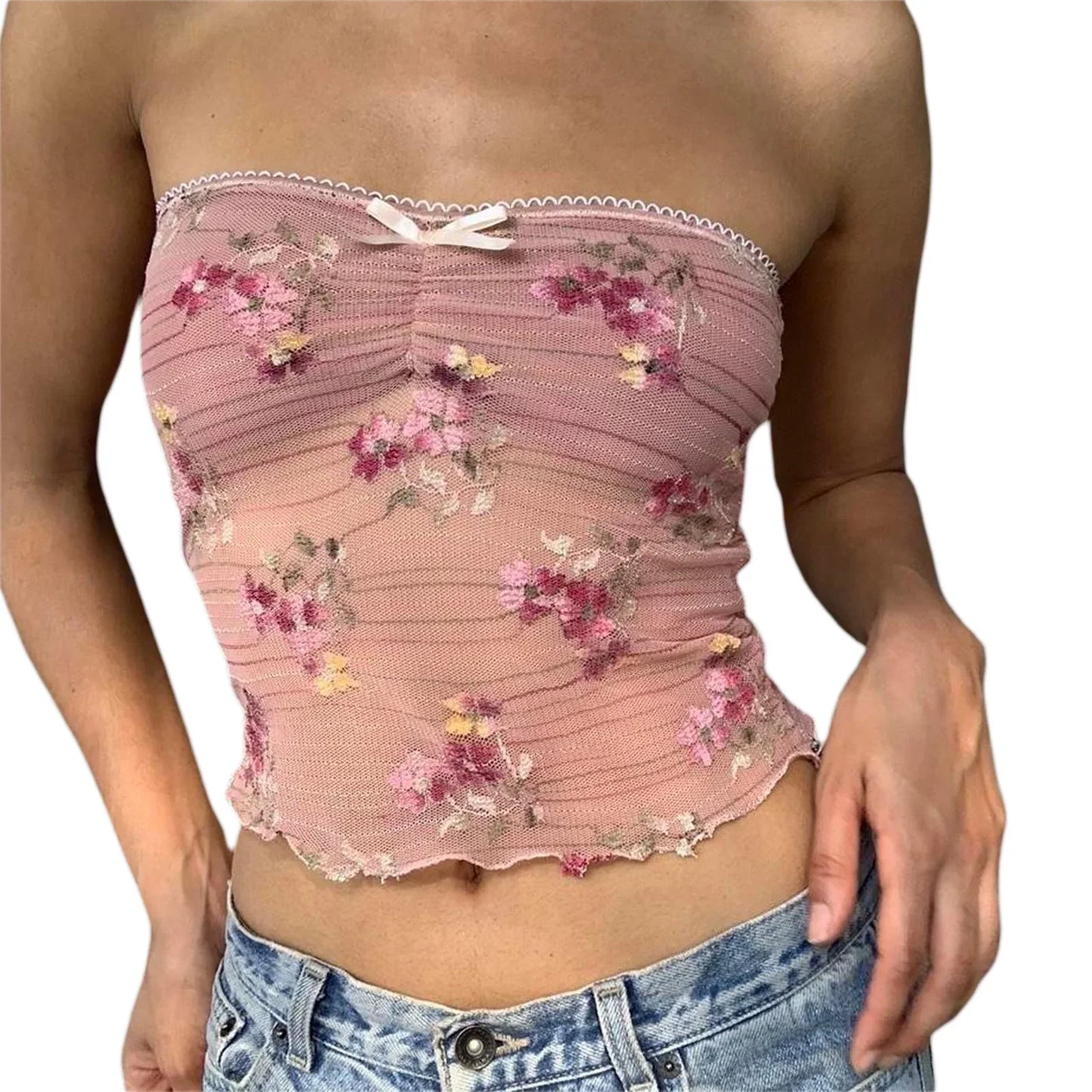 Women Flower Embroidery Tube Tops Bandeau Strapless Wrap Chest Tank Tops Sexy Backless Crop Tops Vintage 90s Club Streetwear Y2k