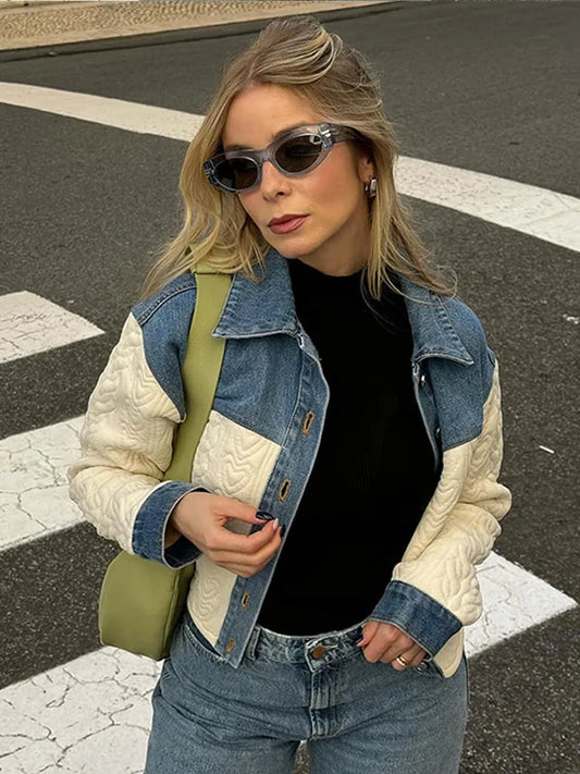 PICSGIRL -  Lady Chic Denim Spliced Crop Jacket Women Elegant Single Breasted Lapel Long Sleeve Coat 2024 Spring Fashion High Streetwear