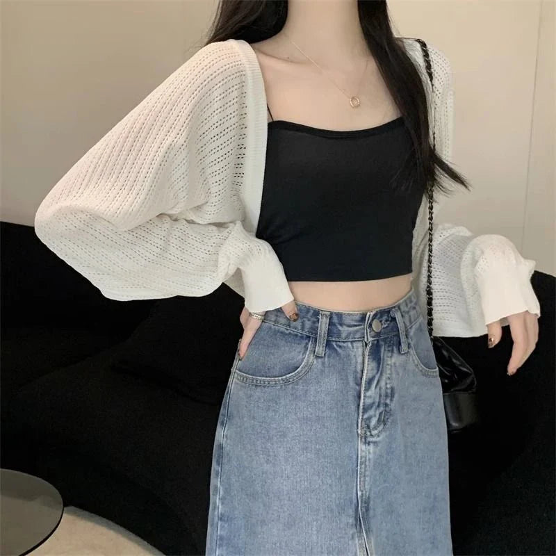 Rimocy Sunscreen Crop Knit Cardigan Women Korean Style Solid Color Thin Cardigan Coat Woman Simple Long Sleeve Smock Top Ladies