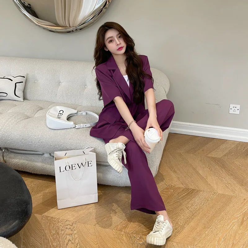 Summer Casual Women's Short-sleeved Blazer & Wide Leg Pants Women's Office Women's Suit Korean Version 2 Piece Sets Women Outfit