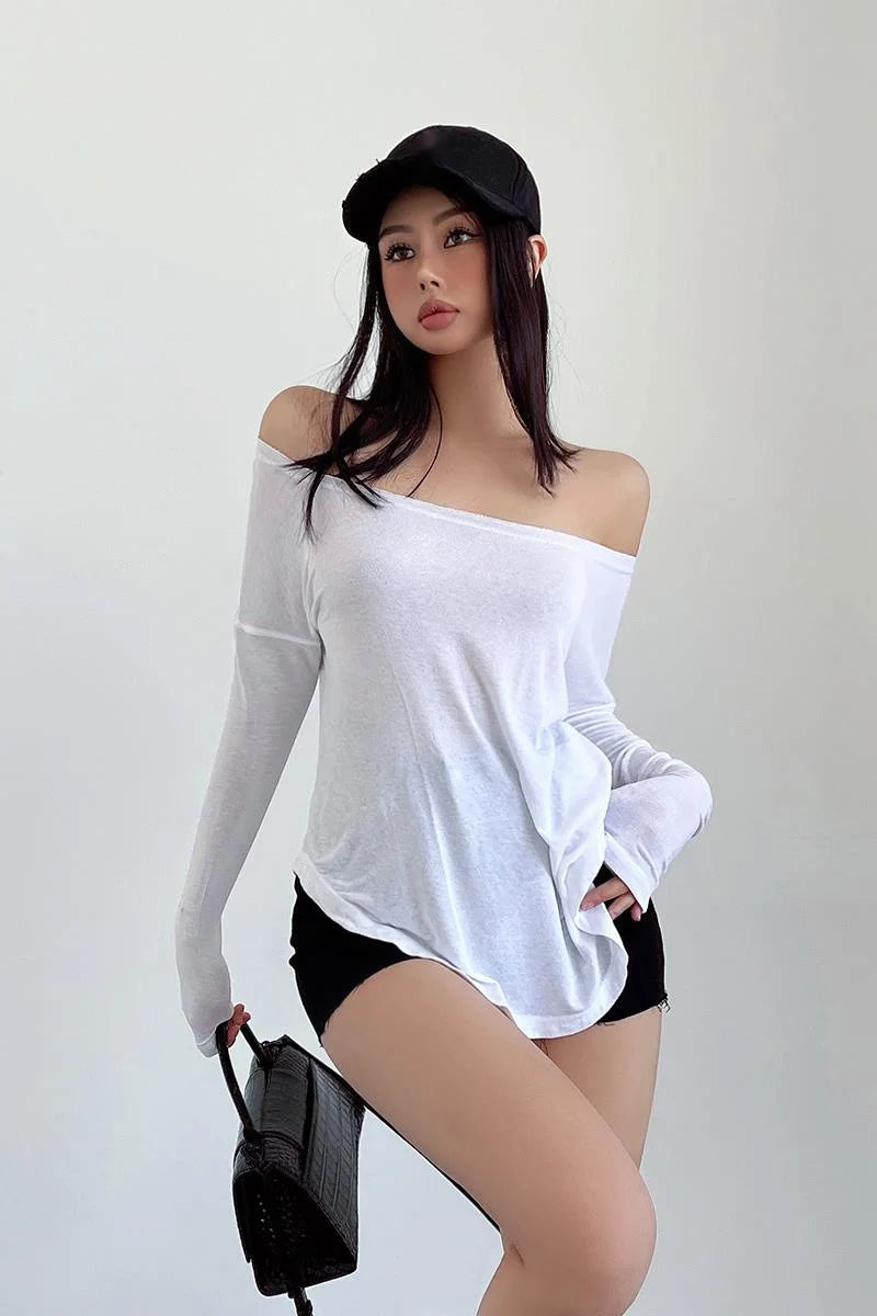 Loose Fitting Casual Long Sleeve Thin Sexy One Shoulder T-shirt Fashion Korean Women Tees Sweet Summer