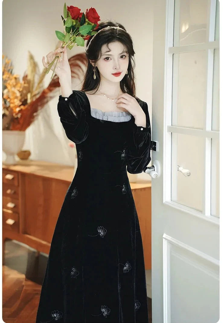 Nocturnal Flower Dark Aesthetic Velvet Dress