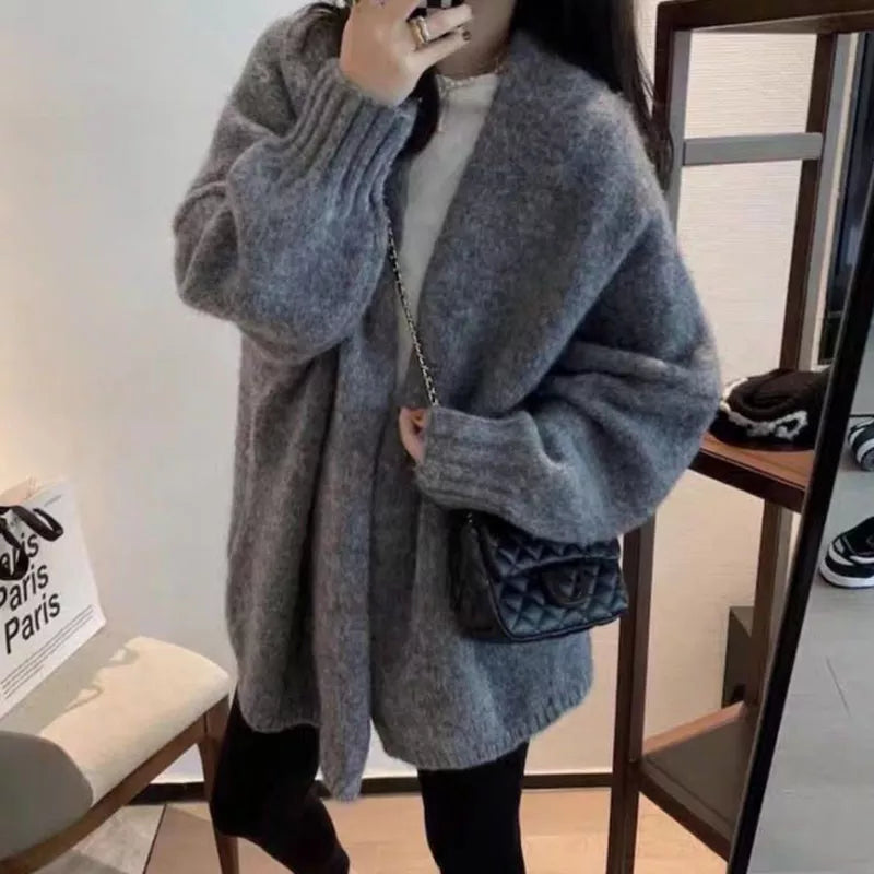 Autumn Winter Thicken Warm Sweater Cardigan Women Japan Style Lazy Wind Soft Knit Cardigans Female Gray Khaki Loose Knitted Coat