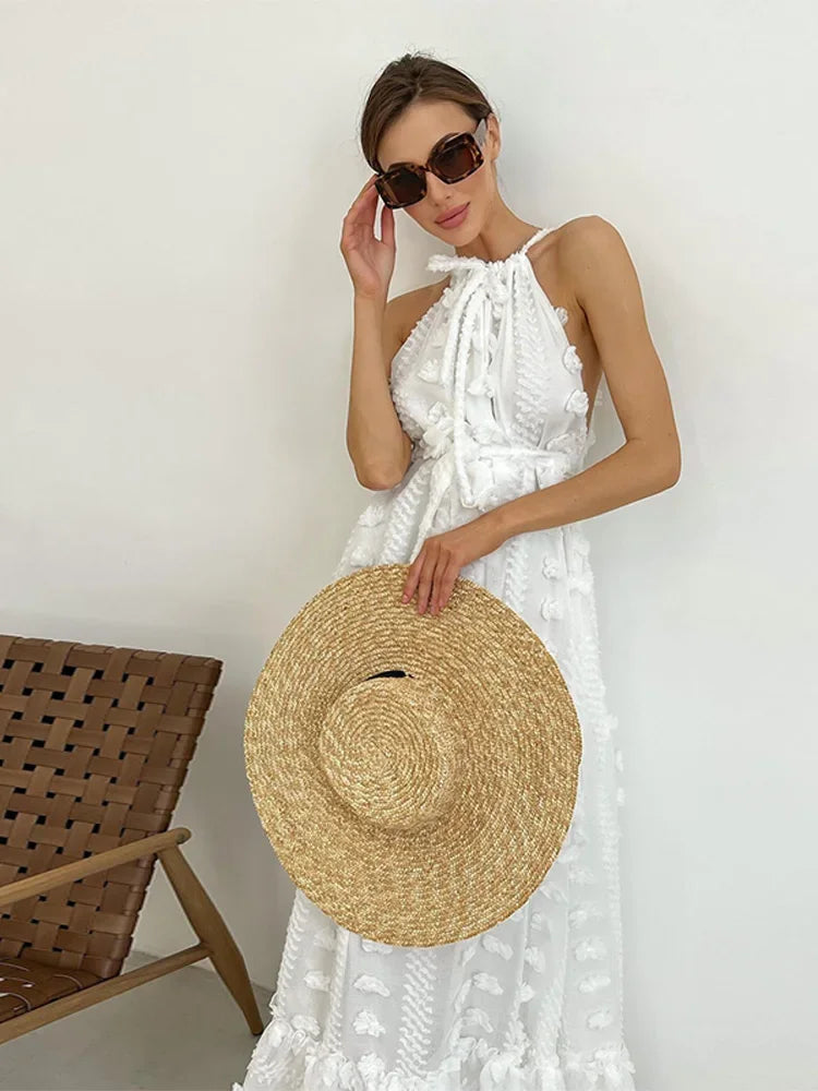 Picsgirl -  3d Applique Mesh Perspective Long Dress Women White Sleeveles Off Shoulder Vestidos Spring Summer Casual Vacation Beach Robes