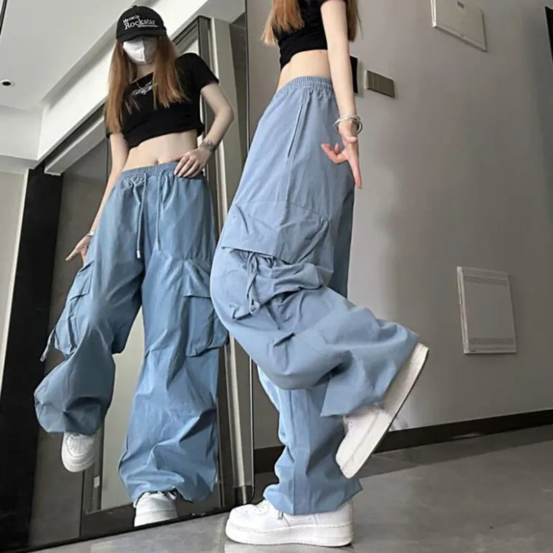 Zoki Hip Hop Y2K Cargo Pants Women Streetwear Harajuku Big Pockets Casual Trousers Korean Loose High Waist Design Solid Pants Z