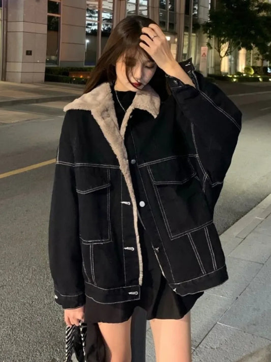 warmmeta New Korean Fashion Winter Women Coat Warm Lapel Denim Thick Jacket Casual Work Clothes Cotton Padded Jackets for Women Tops