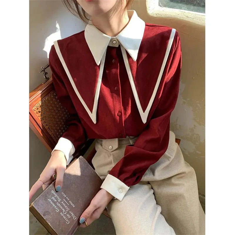 Vintage Elegant Shirts Women Chiffon Patchwork Ruffle Turn Down Collar Long Sleeve Blouse Korean Office Lady Loose Tops