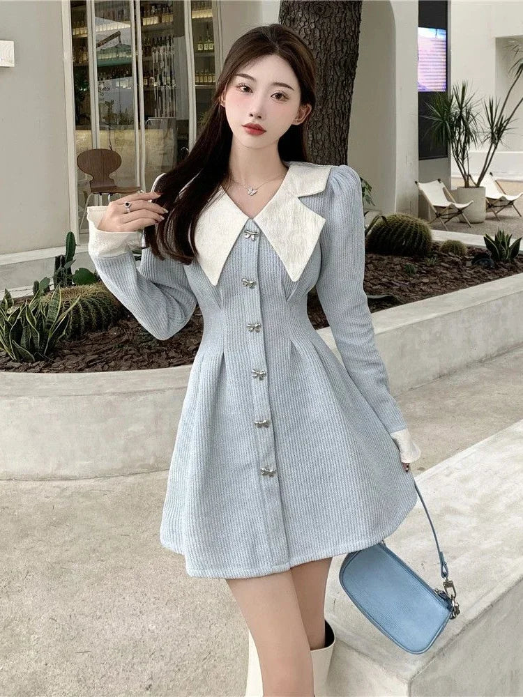 Deeptown Korean Style Blue Mini One Piece Dress Women Japanese Y2k Harajuku Long Flare Sleeve Corset Princess Dresses Winter