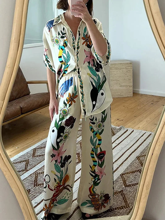 Summer Nature Printed Satin Pants Set Women Chic Lapel Collar Long Sleeved Shirts Elastic Waist Pant Suit Vacation Female Outfit