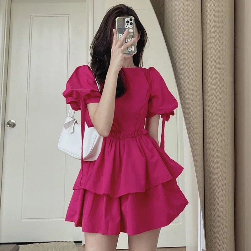 WARMMETA Dresses Woemn Lace Up Ruffles Patchwork Puff Short Sleeve Solid Korean Fashion Spring Summer Ladies Dress Casual