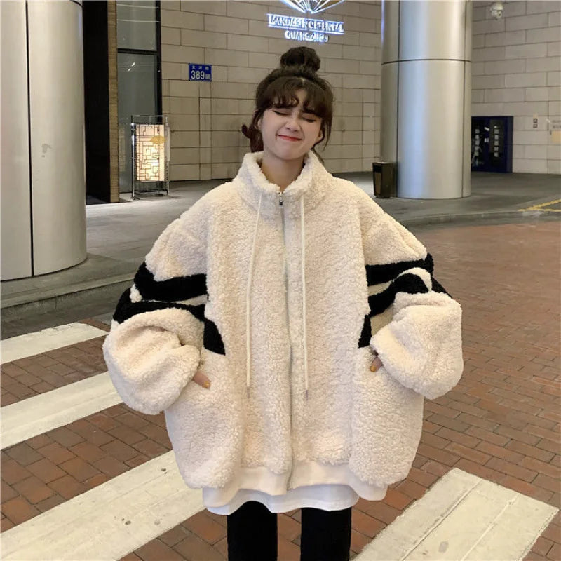 Deeptown Women Zipper Jackets Harajuku Oversized Hoodies Korean Streetwear Faux Lamb Fleece Winter Stripe Coats Casual Outerwear