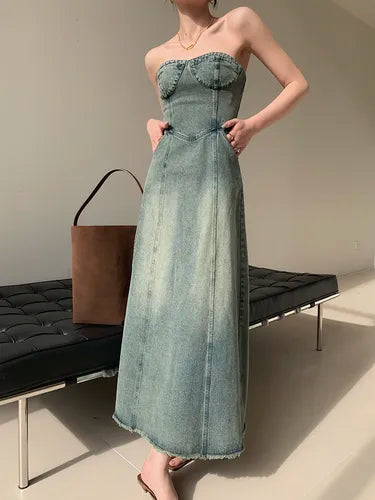 Vintage Elegant Party Midi Dress Women Korean Style Denim Strapless Dress A-line Temperament Sexy Streetwear Designer Dress 2023