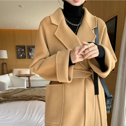 Double-Sided Cashmere Coat For Women In Autumn And Winter 2023, New High-End Lapel Belt, Loose And Long Knee Length Wool Woolen