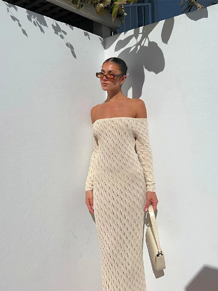 Hollow Out Off Shoulder Knitted Long Dress for Women Sexy Hip Package Empire Female Dresses 2024 Spring Summer Lady Outwear