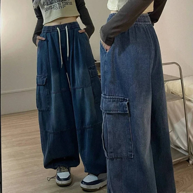 Vintage Baggy Jeans Wide Leg Pants Elastic Waist Oversized American Trouser Fashion Streetwear Straight Casual Pants Y2k Autumn