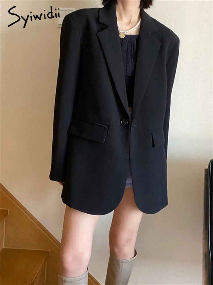 Syiwidii Office Ladies Black Blazer Jacket for Women Turn Down Collar Single Button Korean Vintage Slim Outerwear Stylish Tops