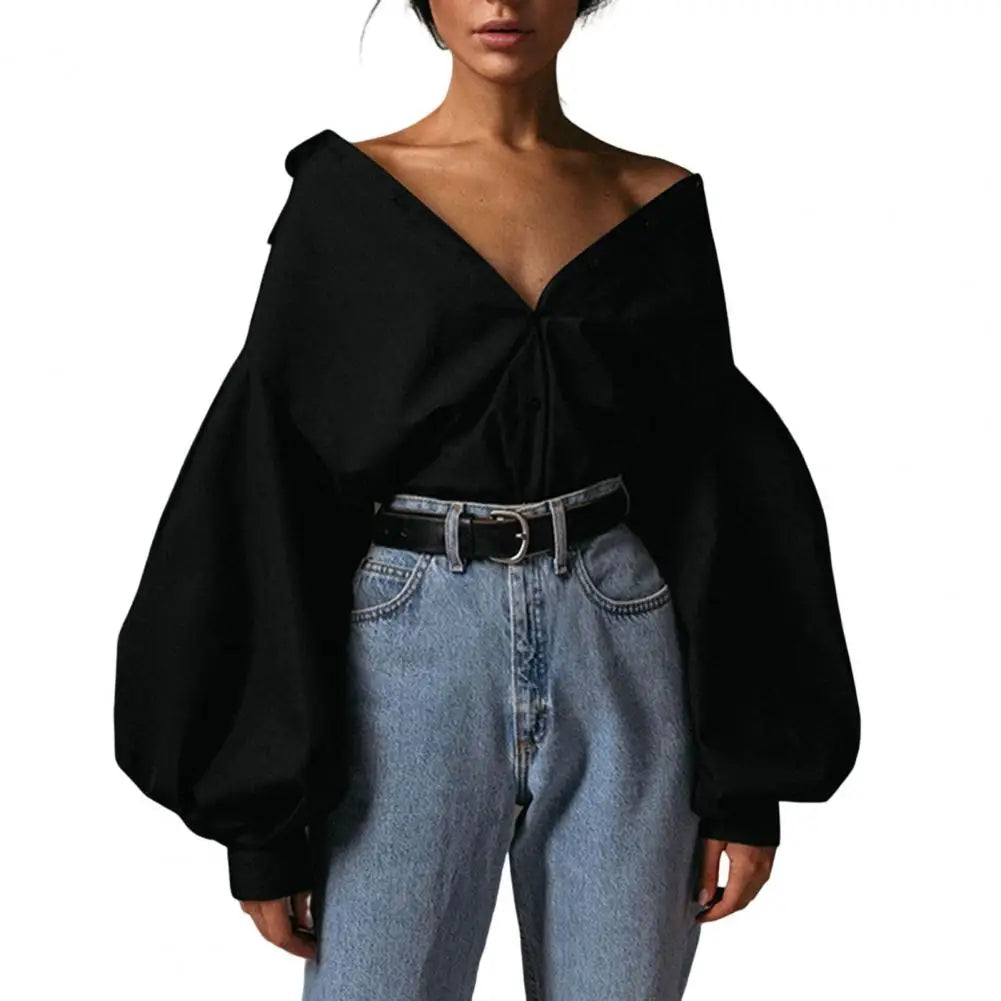 Lady Shirt Lapel Lantern Long Sleeves Lady Shirt Single-breasted Placket Solid Color Lady Loose Women Blouse Female Clothing