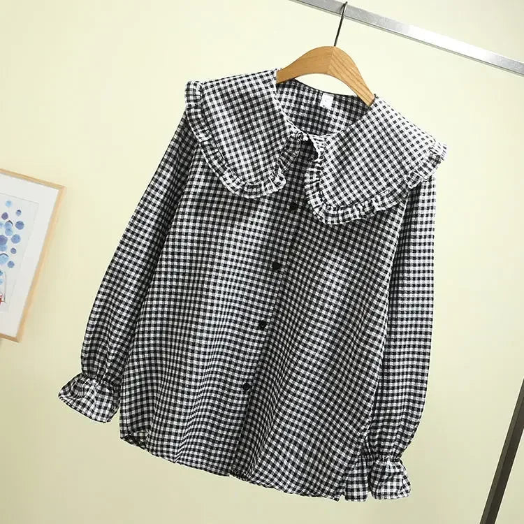 warmmeta-Women Blouse Spring Black  White Plaid Long Sleeve Loose-Fitting Shirt Coat Top Blusas Ropa De Mujer