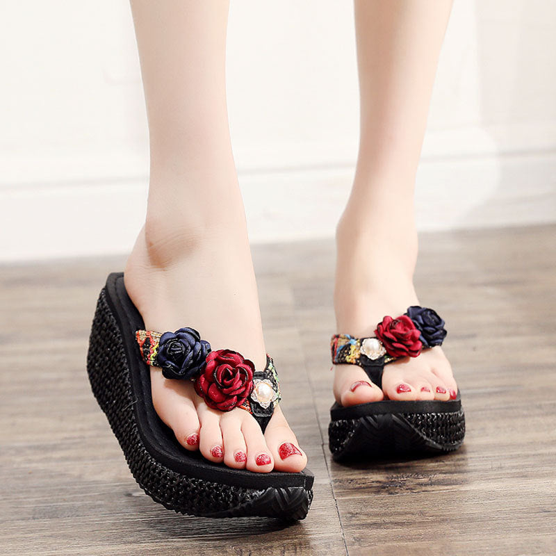 7 CM High Heel Women Wedge Non-Slip Outdoor Slipper Summer Beach Shoes Female Floral Flip-Flop Bohemian String Bead Lady Sandals