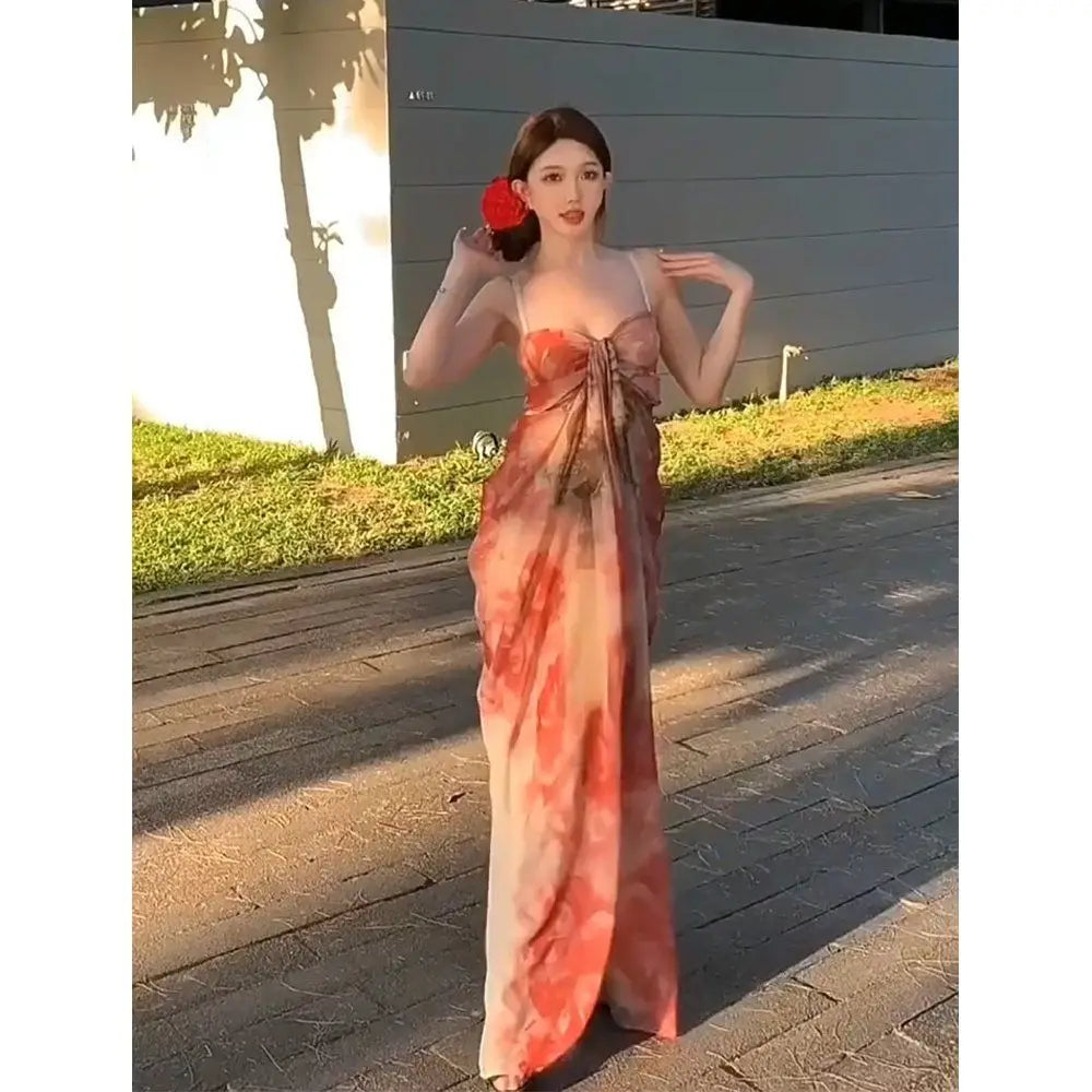 Long Halter Dress for Women Flower Tie-Dye Sweet and Spicy Holiday Style Dresses French Pure Desire Spring and Summer 2024