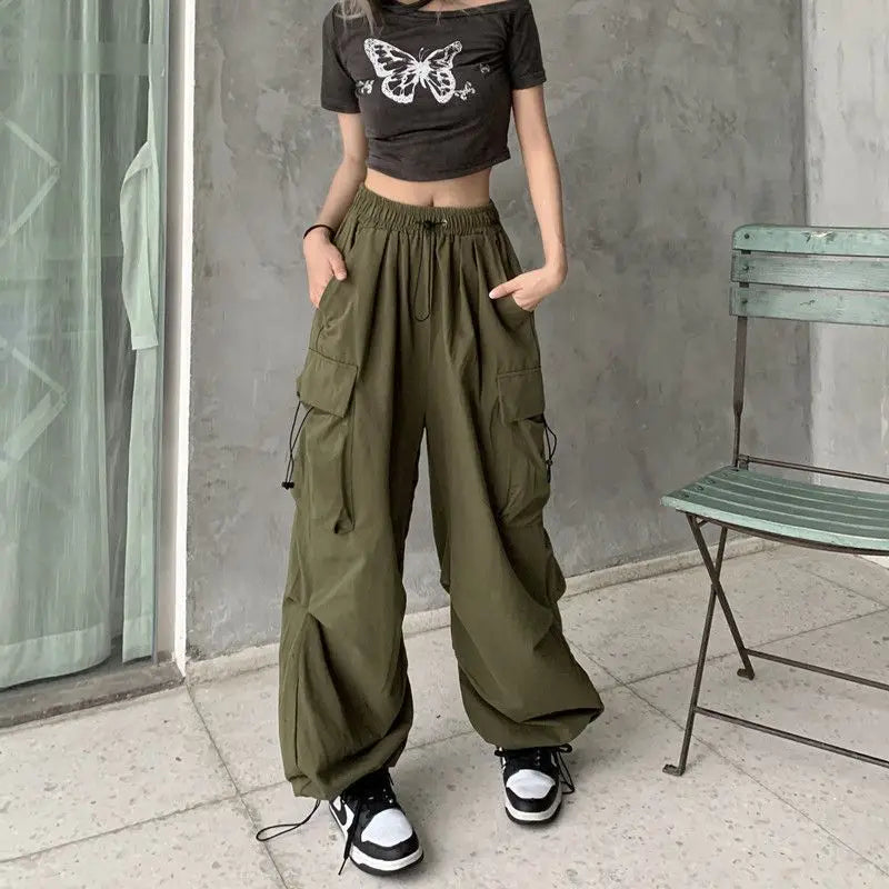 warmmeta Women Casual Joggers Tech Pants Solid Low Waist Sweatpants Drawstring Wide Leg Baggy Trousers Y2k Streetwear Oversize Sweatpants