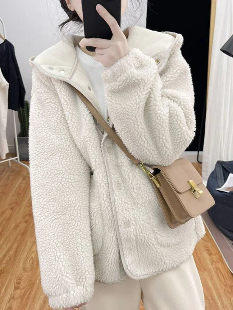 warmmeta New Korean Fashion Jacket Women Autumn/Winter Single Breasted Hooded Imitation Lamb Wool Top Vintage Thick Coat Women Clothing