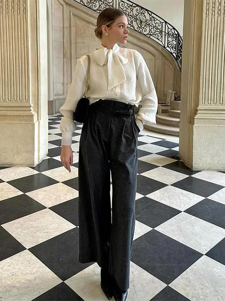 PICSGIRL -  Spring Chic Bow Round Neck Chiffon Blouse Women Fashion Solid Loose Long Sleeve Thin Shirt 2024 Lady Elegant Office Commute Tops