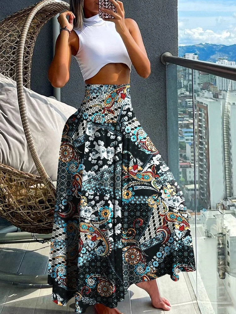 Boho Print Skirts For Women 2024 Summer Casual Elastic High Waist A-line Big Swing Long Dress Vacation Beach Party Skirt Robe