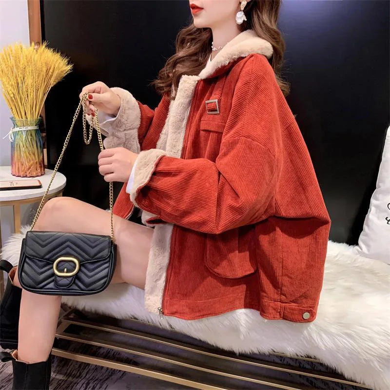 Biyaby New Autumn Winter Warm Corduroy Jacket Women Casual Loose Thicken Plush Coat Woman Korean Pocket Zipper Lamb Wool Parkas