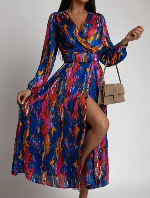 warmmeta-Boho Floral Print Long Dress Women Sexy Deep V-Neck Long Sleeve High Split Swing Dress with Belt Elegant Beach Dresses Vestidos