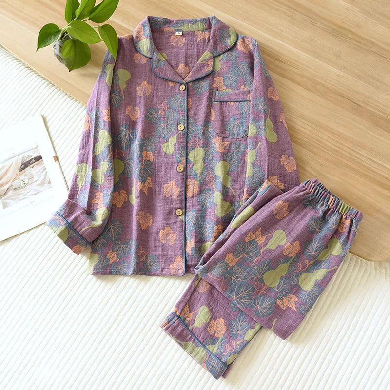 2023 Japanese Spring and Autumn New Women's Pajama Set 100% Cotton Vintage Long sleeved Pants Two Piece Set for Home Furnishings