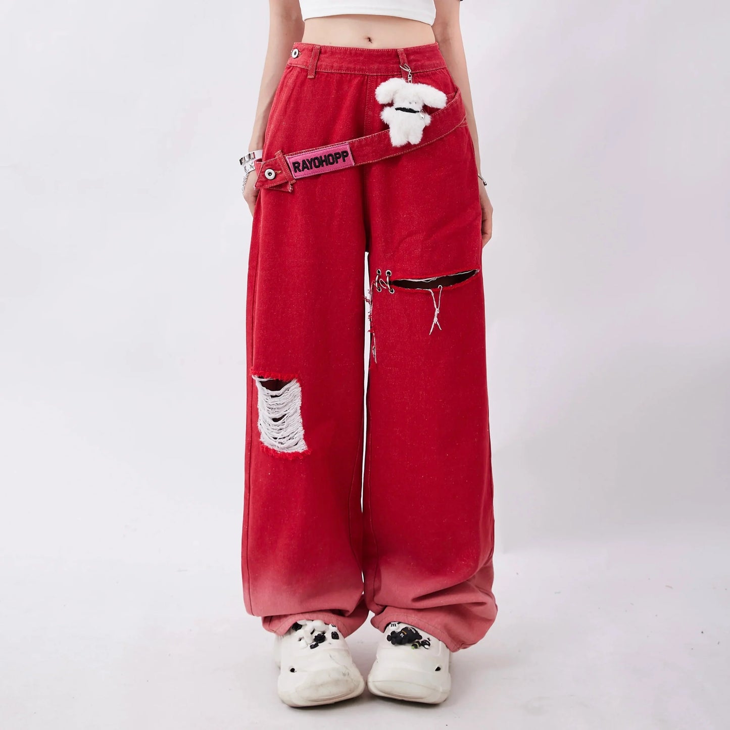 Oversized Red Jeans Women's Summer Fashion Retro Hole Gradual Design Dopamine Wearing Straight Pants