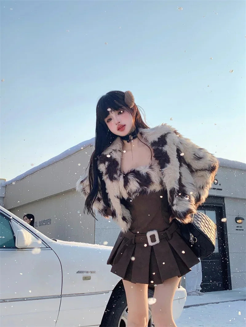 WARMMETA Hot Girl Suit Women's Autumn/Winter Faux Fur Short Coat Strap Slim Fit A-line Dress Two-piece Set Fashion Female Clothes