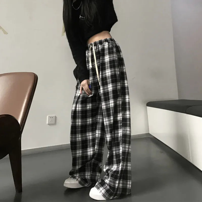 Lucyever Harajuku Black and White Plaid Pants Women Summer Casual Wide Leg Trousers Teens Hip Hop Unisex Loose Straight Pants