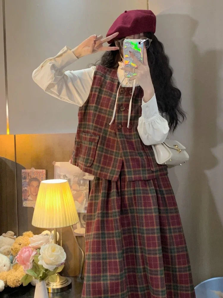 Xgoth 2022 Autumn New Preppy Vintage Fashion Suit Women's Vest + White Long Sleeve Shirt + High Waist Slim Skirt Three-piece Set