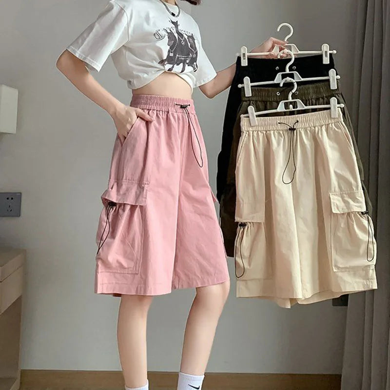 Summer Thin Cargo Shorts Women Y2K Loose Fashion Drawstring Pocket Shorts Bf Baggy Korean Streetwear Wide Leg Knee-Length Pants