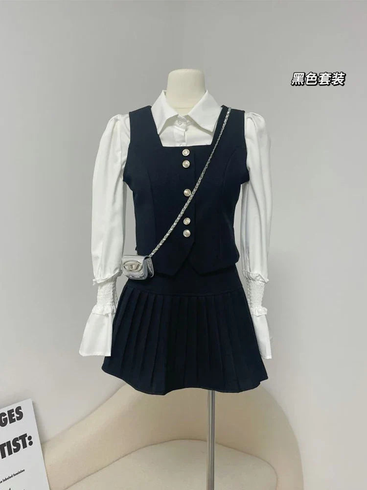 Formal Occasion Kpop Outfits 3 Piece Set Lapel Collar Blouses + Wrap Hip High Waist Skirts Coquette + Chic Vest Japanese Fashion