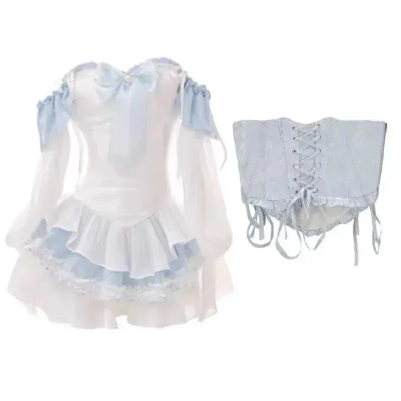 WARMMETA Summer Blue Lolita Clothing Suit Slim Vest + Kawaii Y2k Mini Dress Elegant Short Party Dress Japanese Style Fashion Suit