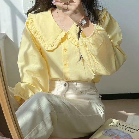 Solid Simple Blouse for Women Korean Chic Trendy Single-Breasted Ruffles Shirt Casual Sweet Big Turndown Collar Student Shirts