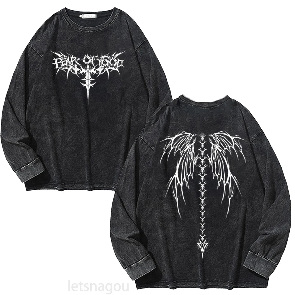 Thorns Wing Print Y2K Hoodies 100% Cotton Men Women Goth Punk Sweatshirts Black Vintage Pullover Streetwear Casual Streetwear