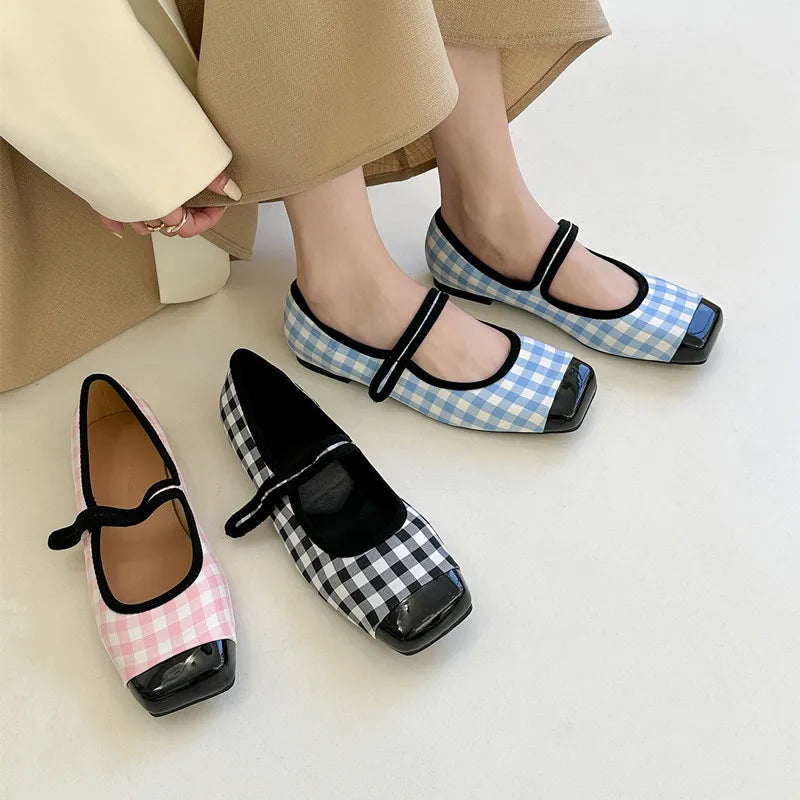 Picsgirl  -  Brand New Women Flats Square Toe Retro Single Shoes Buckle Checkerboard Mary Jane Shoes Soft Ballerina Flats Mujer