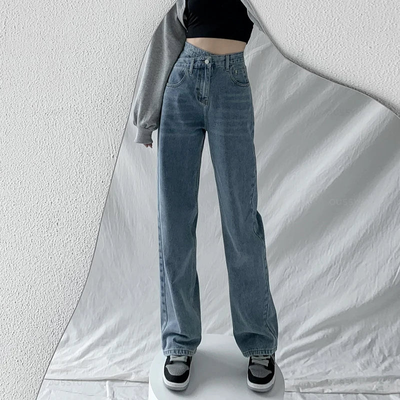 OUSSYU Jeans Women Wide Leg Pants Mom Femme Black Blue Jean High Waist Woman Trousers Brand Clothing Pantalones Spodnie Damskie