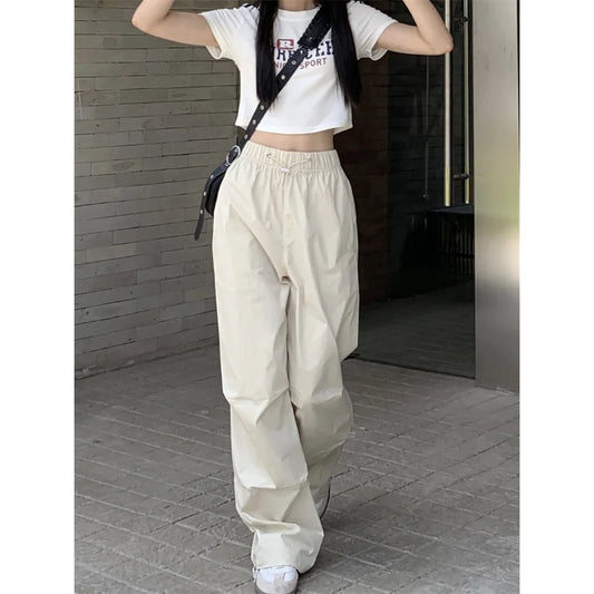 American Vintage Women Loose Cargo Pants Summer Fashion Elastic High Waist Drawstring Solid Thin Casual Straight Sports Trousers