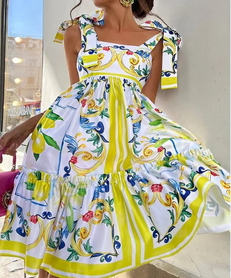 Holiday Blue White Yellow Porcelain Floral Print Summer Sleeveless Dress for Women Straps Bow Midi Long Vestidos Beach