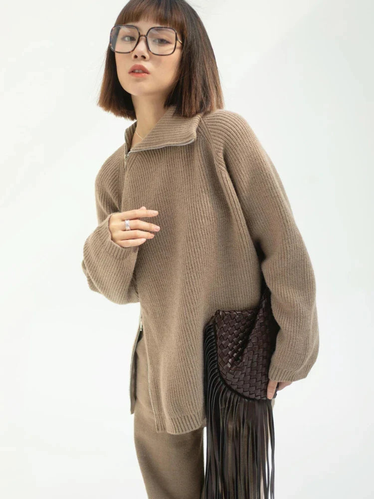 Autumn Knitted Two Piece Set Women 2023 Zipper Sweaters and Wide-leg Pants Suit Solid High-neck Pullover Sets for Women 2 Pieces