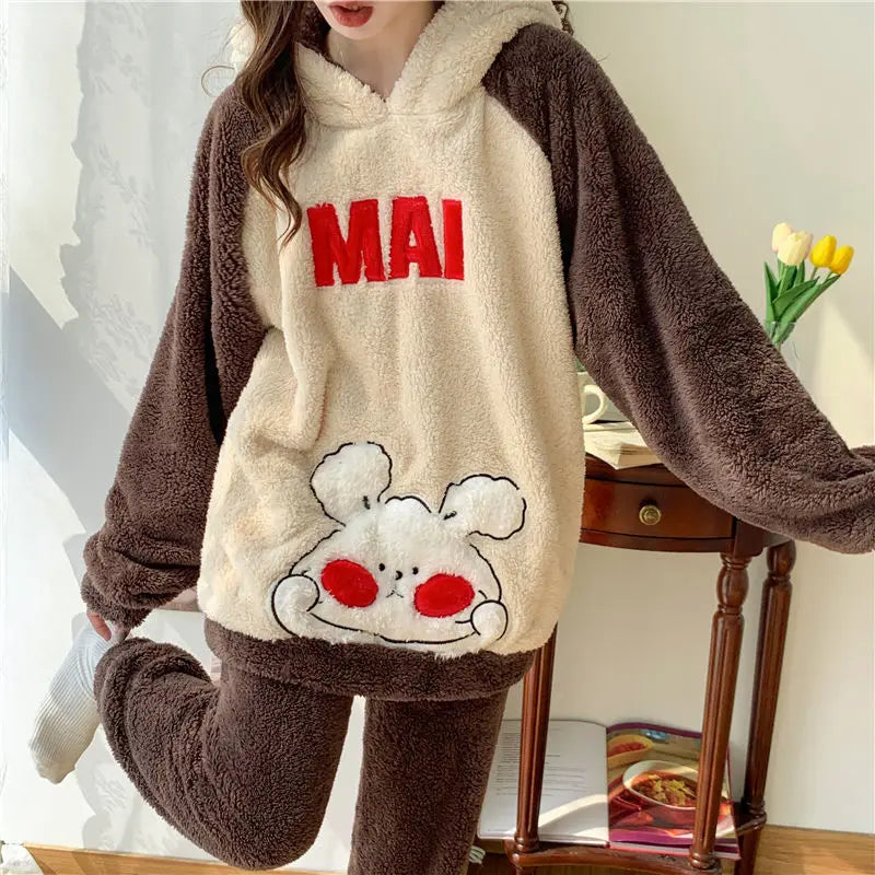 Flannel Pajamas Women Winter Loungewear Girls Sleepwear Suit Thick Cartoon Nighty Coral Velvet Kawaii Famale Home Clothes Sets