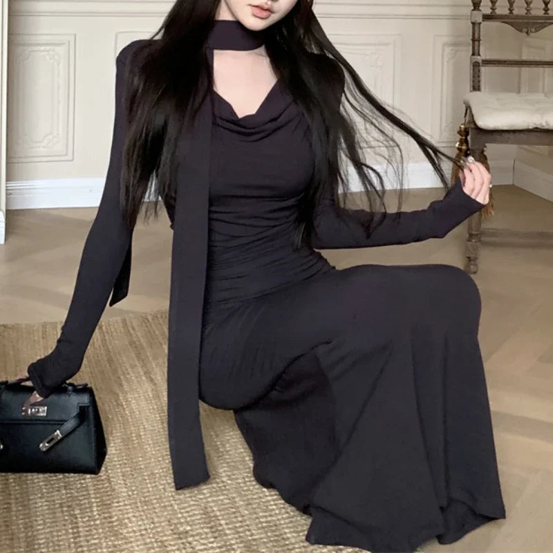 Picsgirl Swing Neck Pleated Solid Color Casual Long-sleeved Dress Women 2024 Spring New Korean Lace-up Sexy Slim Elegant Mid-length Dress