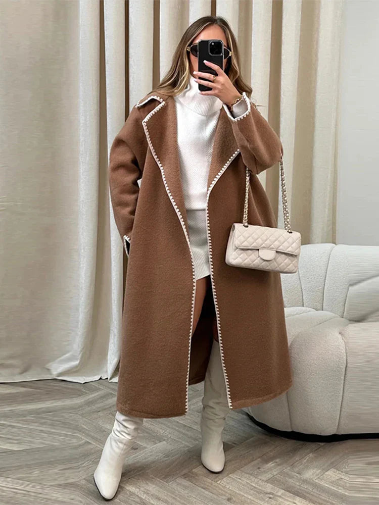 Women Patchwork Splice Woolen Maxi Coat Long Coat Elegant Long Sleeve Solid Loose Jacket 2023 Autumn Winter Lady Outerwear