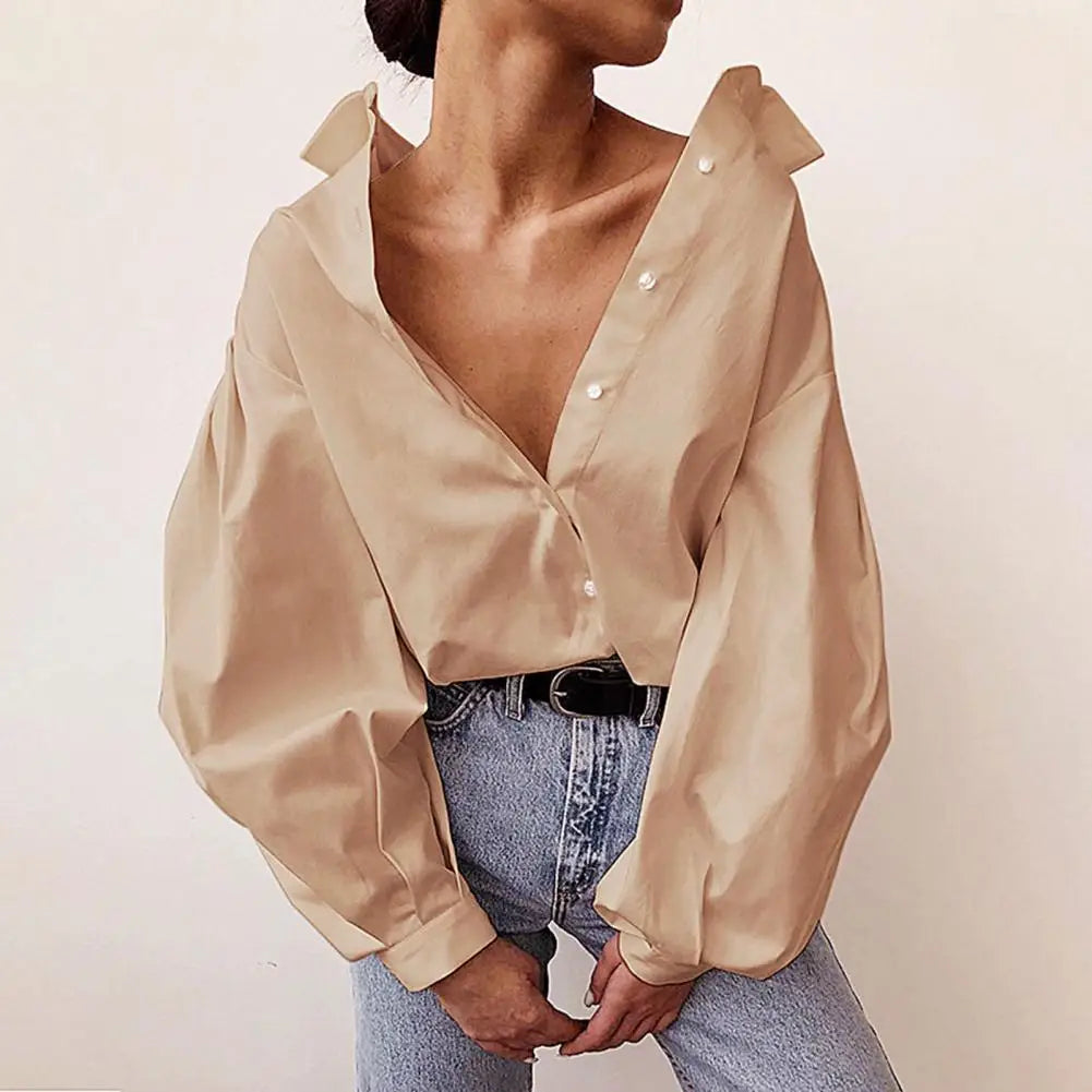 Lady Shirt Lapel Lantern Long Sleeves Lady Shirt Single-breasted Placket Solid Color Lady Loose Women Blouse Female Clothing