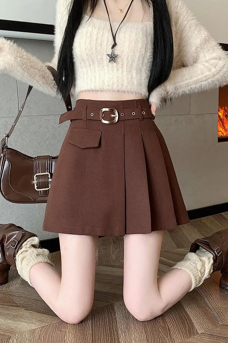 2023 Autumn/Winter Korean version high waisted slim pleated short skirt pants with irregular A-line wide leg shorts for women